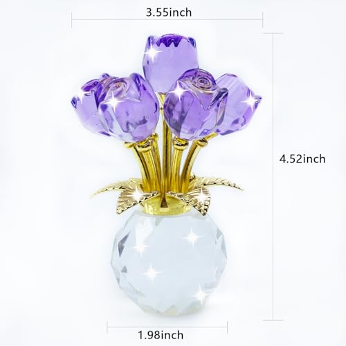 TWINKLING Crystal Roses Figurine with Round Vase, Glass Rose Crystal Flowers Bouquet, Birthday, Anniversary,Wedding, Home Décor,Gold Leaf (Purple) - color: Purple(gold Leaf)