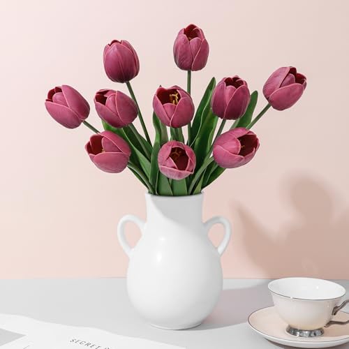 Deep Red Fake Tulips,18.5" PU Artificial Tulips Flowers for Spring Easter Home Kitchen Wedding Bouquet Bulk Mother's Gift Day Decorations - color: Deep Pink