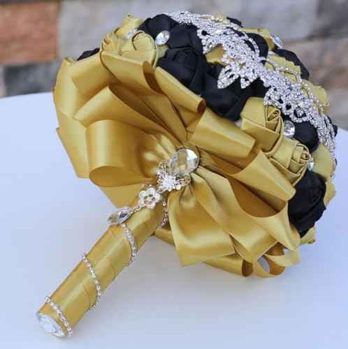 Handmade Luxury Wedding Bridal Bouquet Large Silk Rose Holding Toss Artificial Flowers Bouquets with Satin Ribbon Pearls Rhinestone for Bride Vintage Royal Wedding Bouquet (Black + Golden) - color: Black + Golden