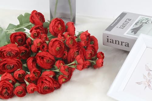 Silk Ranunculus Artificial Flowers 5PCS Long Stem Red Fake Peonies 21.65" Real Look Faux Ranunculus Flowers for Floral Arrangements Home Wedding Party Festival Decor (Red) - color: Red