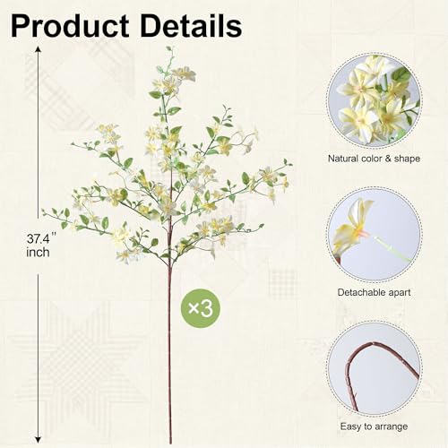 Fake Flowers, 3 Pcs Artificial Flowers Greenery Stems Faux Greenery Stems Branches for Vases Realistic Silk Real Touch Spring Greenery Stems Bulk Bedroom Office Wedding Table Summer Home Decor - color: Yellow