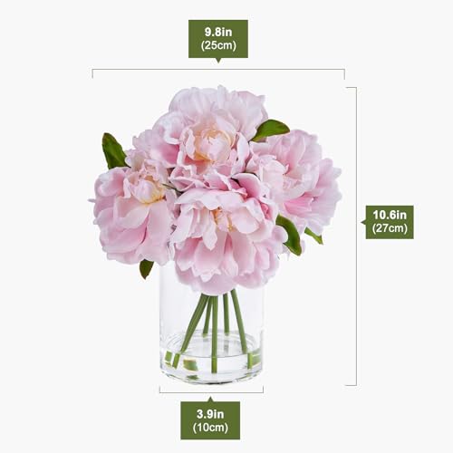VeriNatural Artificial Pink Peony Flowers with Vase – 10.6" Fake Silk Floral Arrangements in Glass Vase with Faux Water for Home Decor, Bathroom Shelf, Centerpiece, Wedding, Gift - color: Pink