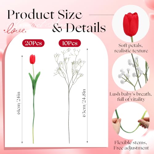 Hotop 30pcs 24 Inch Tulips Artificial Flowers Mother's Day Fake Tulip Fake Baby's Breath Flower Artificial Flower Decorations Bouquet for Home, Wedding, DIY Gift Party(Red, White) - color: Red,white