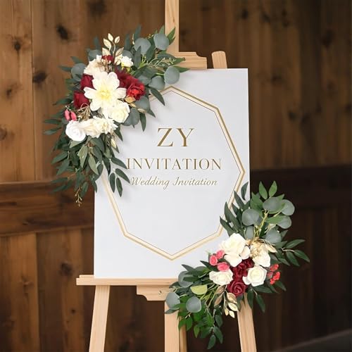 Artificial Wedding Arch Flowers (Pack of 2) White Wedding Flowers for Wedding Welcome Ceremony Sign Faux Floral Swags, Banquet and Reception Backdrop Floral Decoration (White & Red) - color: White & Red