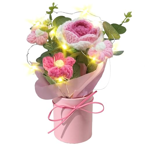 Vynora Crochet Daisy Flowers Bouquet, Valentine's Day Handmade Daisy Artificial Flowers with Card for Mother's Day, Birthday, Wedding, Home Decor, Teacher's Day, Grandma Bday Gift (Pink) - color: Pink
