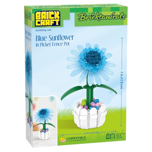 Brickcraft Bricktanicals Blue Sunflower in Picket Fence Pot Brick Building Set, 213 Piece Botanical Flower Model, Ages 8 Plus, Collectible Easter Display Set, Spring Gift for Kids and Adults - style: Blue Sunflower Spring