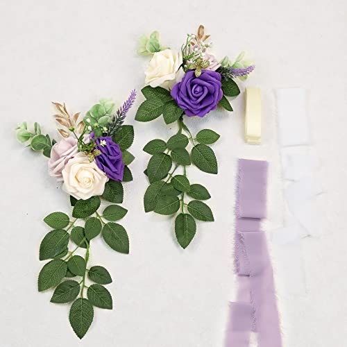 Wedding Aisle Decorations for Wedding Ceremony Set of 10 Pew Flowers for Church Chair Decorations Party Decor with Artificial Flowers Eucalyptus and Ribbons Purple - color: Purple