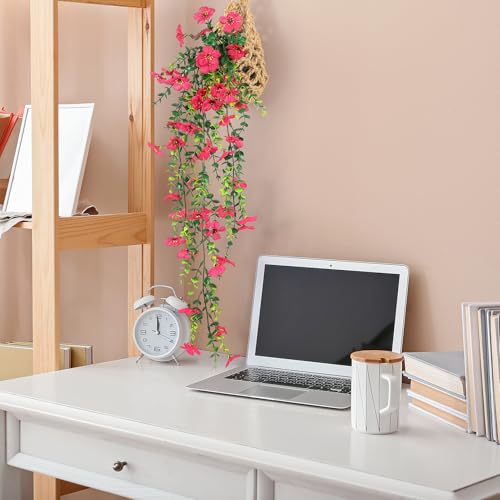 FAVOWREATH Fake Plants Hanging Artificial Potted Faux Eucalyptus Plants and Flowers for Modern Boho Farmhouse Bathroom Office Desk Wall Book Shelf Living Room Aesthetic Decor Indoor (Rose Red) - color: Rose Red