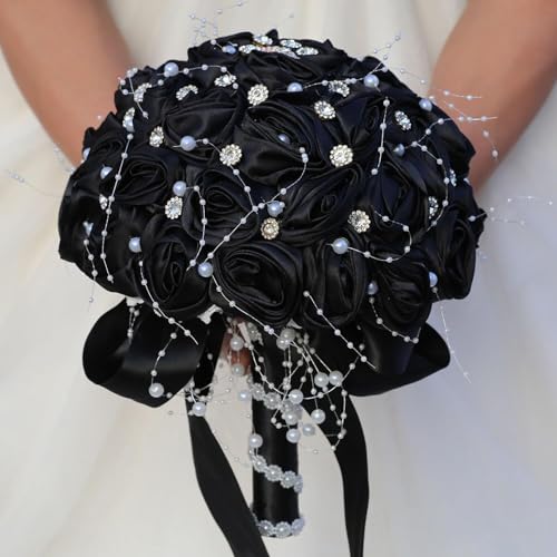 Ujicde Romantic Wedding Bouquet Bridal Bridesmaid Round Bling Brooch Bouquet Throw Toss Artificial Rose Flower Bunch with Sparkle Rhinestone Crystal Decoration(Black,Dia. 6.3"*16cm) - color: Black, size: Dia. 6.3"*16cm