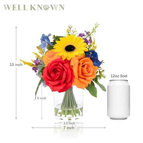 WELL KNOWN Artificial Flowers in Vase with Fake Water, Colorful Spring Flowers Fake Sunflowers Rose Peonies Bouquet for Home Wedding Party Dining Table Baby Shower Decor & Birthday Gift (Rainbow) - color: Colorful Rainbow