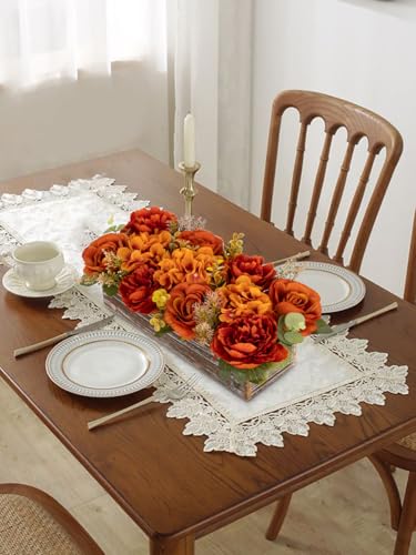 DILATATA Flower Arrangement with Wooden Vase 14" Artificial Flowers in Pot - Fake Flowers Roses Peonies Hydrangeas in Wooden Vase Potted Flower Centerpieces for Table Decor Living Room - Dried Orange - color: 14"l Dried Orange