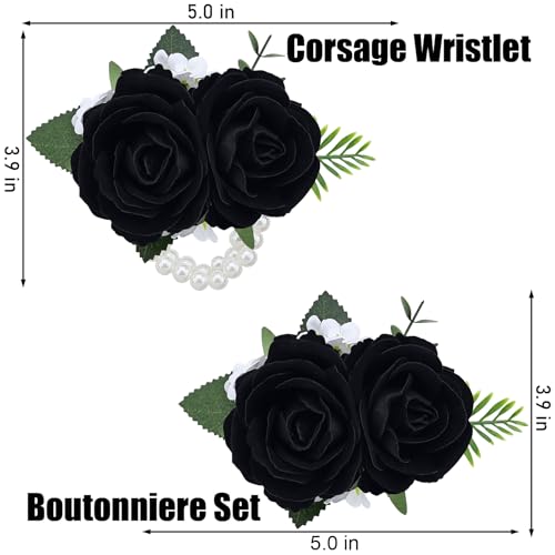 2Pcs Black Artificial Rose Wrist Corsage Wristlet Band and Boutonniere Set, for Wedding Bride Bridesmaids Men Groom Groomsmen Flowers Accessories Prom Party Suit Decor - color: Black
