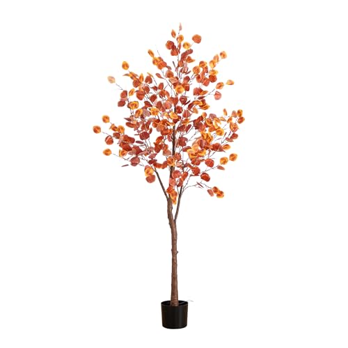 Nearly Natural 6-FT Pre-lit Artificial Autumn Eucalyptus Tree with 300 Warm White LED Lights, Faux Eucalyptus Tree with Fall Colors for Home & Office Décor in Black Nursery Planter