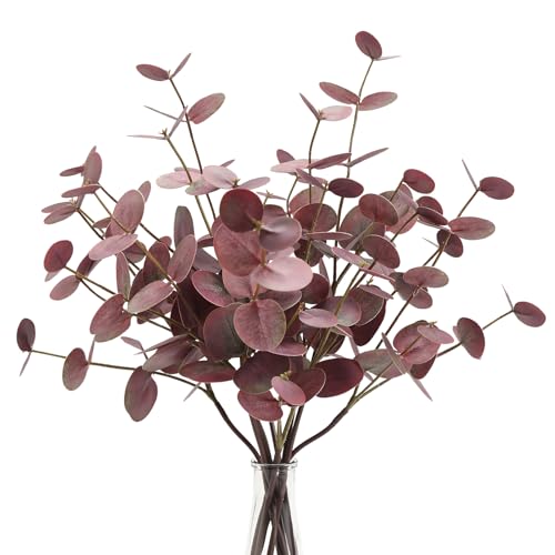 6pcs Real Touch Artificial Eucalyptus Stems Dual-Sided Lifelike Leaves Fake Eucalyptus Plants for Wedding Flower Arrangement Centerpiece Bouquet Home Office Decor(Purple) - color: Purple