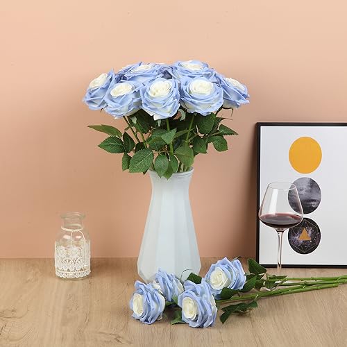 15pcs Fake Roses Artificial Silk Flowers Faux Rose Flower Long Stems Bouquet for Arrangement Wedding Centerpiece Party Home Kitchen Decor - color: 15pcs Light Delphinium Blue