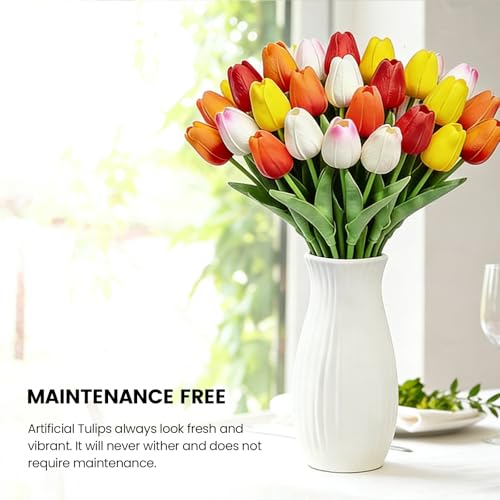 30 PCS Artificial Tulips Real Touch Tulips 13.5inch Long Stem Fake Flowers Silk Flowers for Spring Easter Mother's Day Decorations (MixedColor) - color: Multi Color