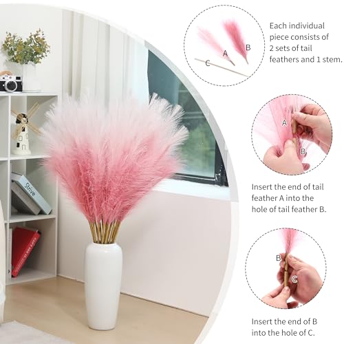 Wertuirk 9 Stems Pink Pampas Grass - 38 Inch Large Fluffy Faux Pompous Grass Decor, Long Artificial Colored Pompas Floral for Vase Filler, Wedding Centerpieces and Home Decor (Pink) - color: Pink