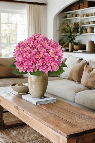 Artificial Hydrangea Flowers Real Touch Faux Hydrangeas Flower 7 Inch Large Hydrangea Heads with Unique Petal Shape, 23.6" Long Pink Hydrangeas Stems for Vase Wedding Home Table Centerpiece Decor - color: Purplish Pink