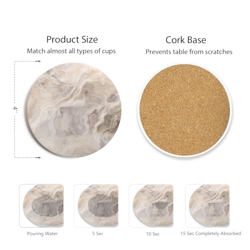 Set of 6 Abstract Marble Coasters with Holder, Absorbent Ceramic Coasters for Drinks, Coasters with Cork Backing for Table Protection, Housewarming Gifts for New Home - color: Abstract Sand Marble