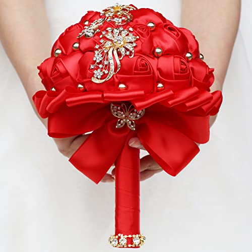 WIFELAI-A Golden Rhinestone Brooch Wedding Flowers Bridal Bouquets Crystal Bride Holding Bouquet White Ivory Satin Roses with Diamond - color: Red