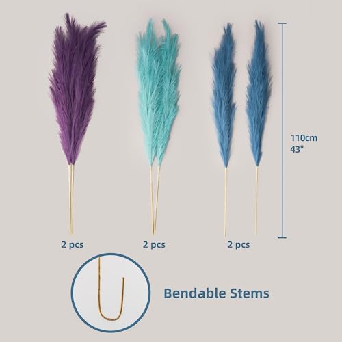 Pampas Grass Decor Tall, 43"/110cm Faux Pampas Grass 6 Stems Large Pompass Grass Branches Tall Bulk Boho Flower Arrangement for Home Room Wedding Party Decor - color: Lake Green& Deep Purple& Peacock Blue