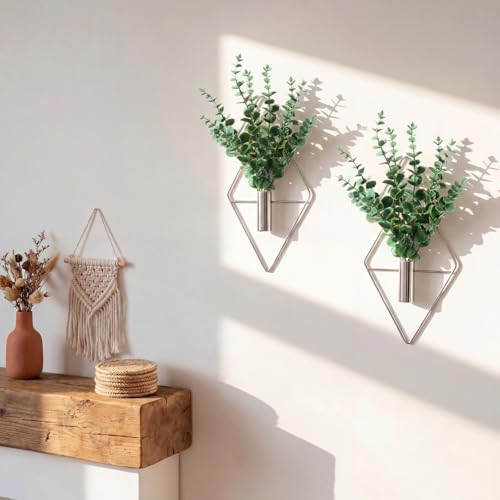Canlierr 2 Pieces Wall Decor Hanging Planters with Artificial Plants Metal Hanging Vase Indoor Plants Holder Modern Boho Wall Art for Bathroom Bedroom Living Room Decor(Silver, Eucalyptus) - color: Silver, size: Eucalyptus