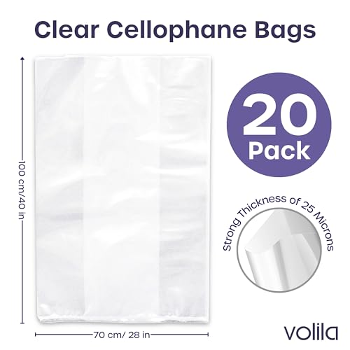 volila Large Cellophane Bags for Gift Baskets - 20 Pack (30 in x 40 in) Clear Gift Wrap for Gift Baskets, Floristry, Party Favors and Food Packaging - color: Clear - Cellophane Bag 20 Pack (30 in x 40 in)