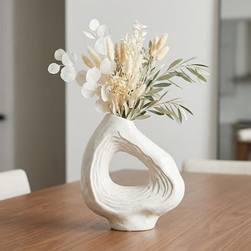 Sunddo Donut Vase - 9 Inch White Ceramic Vase for Home Decor - Modern Minimalist Decorative Vase for Flowers, Boho Decor, Living Room, Fireplace, Bathroom, Table Centerpiece - color: White, size: 9 inch