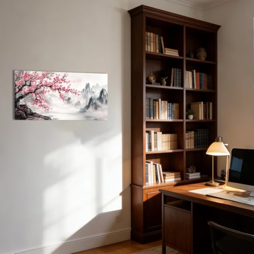 QIXIANG Cherry Blossom Mountain Canvas Wall Art Pink Floral Trees Pictures Large Landscape Painting Japanese Decor for Living Room Bedroom Framed (black,16" W x 32" L) - color: black, size: 16"W x 32"L