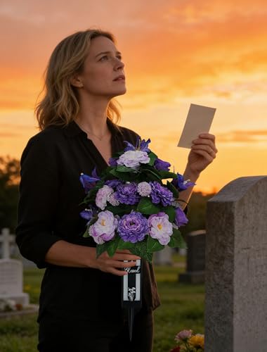 Silk Grave Flowers for Cemetery: 2 Pcs Purple Cemetery Flowers Grave Decorations Spring Easter Mothers Memorial Day - Outdoor Artificial Camellia Bouquets with Vases for Graveside - color: Purple & Lilac