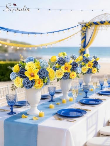 Serwalin Artificial Yellow & Blue Flowers, Silk Fake Roses Flowers, Faux Flowers for DIY Wedding Bouquets Cake Decoration Baby Shower Centerpieces Floral Arrangements Party Decor - color: Blue & Yellow, size: Grand