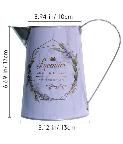 Yoillione White Metal Flower Vase with Lavender Floral Pattern, French Country Jug Pitcher Vase with Handle for Farmhouse Home Decor, Gifts for Women Girls - color: Lavender, size: Small