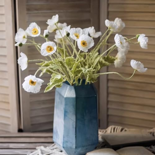Lifelike Artificial Poppy Flowers, 8 Stems Silk Bouquet with Flocked Stems & Leaves – for Wedding Centerpieces, Home Decor, Table Arrangements - color: 8pcs White