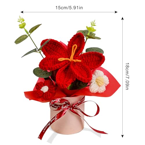 Handmade Crochet Tulip Flowers Bouquet, Knitted Tulip Bouquet Pot for Mother's Day Birthday Wedding Christmas, DIY Décor for Car Office Desk & Home Décor, Perfect for Mom Wife Girlfriend Lover (Red) - color: Red