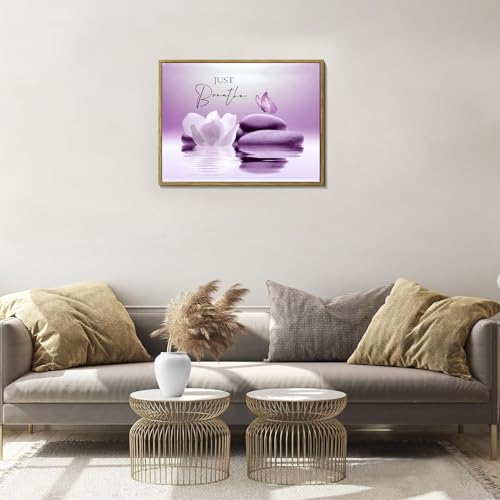 LB Modern Purple Wall Art for Bathroom Zen Spa Water Lily Flower Canvas Wall Art Wall Paintings Home Decor Nature Butterfly Wall Pictures for Living Room Bedroom Office Ready To Hang,17x12 Inch - color: Purple, size: 12"L x 17"W