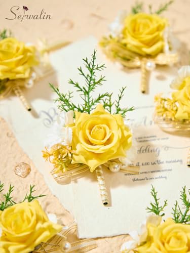 Serwalin 6 PCS Yellow Rose Boutonniere for Men, Artificial Silk Flower Boutonniere for Wedding Groom Groomsmen, Prom Homecoming Formal Party Suit Decoration - color: Yellow, size: Boutonniere 6pcs