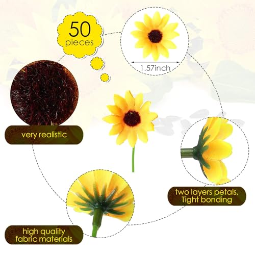 Wavwavw 50 Pcs 1.57 Inch Mini Artificial Sunflower Heads with Iron Stems for Home Party Decoration Wedding Decor, Bride Holding Flowers Centerpieces Wreath Garden DIY Art Decor Crafts - size: 1.57 Inch