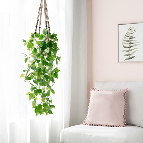 Mkono Fake Hanging Plant with Pot, Artificial Plants for Home Spring Decor Indoor Macrame Plant Hanger with Faux Vine Hanging Planter Greenery for Bedroom Bathroom Kitchen Office, Brown (Pothos) - color: Brown
