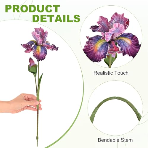 M METERXITY 1-Pack Purple Red Artificial Iris Flowers with Flower Bud,17.7 Inch Faux Iris PU Bouquets Real Touch Faux Flowers for Home/Wedding/Christmas/Party - color: Purple Red