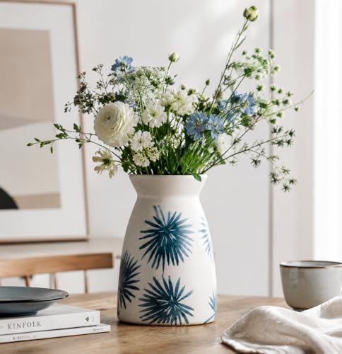 hjn Teal Ceramic Vase Modern Minimalist Table Centerpiece, Round Smooth Flower Holder for Living Room, Shelf, Mantel, Wedding & Home Decor -Cream-7" H - color: Teal White-7inch