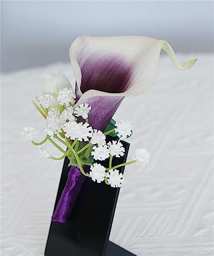 2PCS Calla Lily Boutonniere for Men Wedding with Pins, Artificial Purple Calla Lily Groom Groomsman Boutonniere Corsage Flower for Wedding Ceremony Anniversary Prom Party Suit Decor - color: Calla Lily Boutonniere Pack of 2
