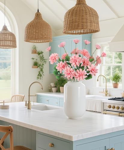 6PCS Pink Dahlia Artificial Flowers 27.5’’ Fake Silk Flowers Faux Dahlias with Stems for Vase Table Centerpiece Home Wedding Kitchen Garden Decoration(Pink) - color: Pink
