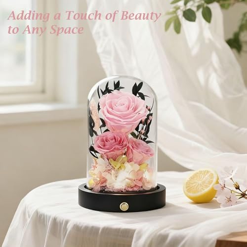 Preserved Flowers in Glass Dome, Forever Flowers for Delivery Prime, Pink Roses Valentines Day Anniversary Mothers Day Birthday Gifts for Her Mom Women Wife Girlfriend - color: New Pink