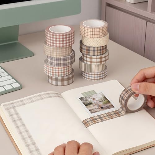 12 Rolls Watercolor Floral Washi Tape Set 15 mm Vintage Flower Decorative Masking Tape for Summer School Arts DIY Craft Scrapbook Journal Supplies Gifts(Retro,Plaid) - color: Retro, style: Plaid