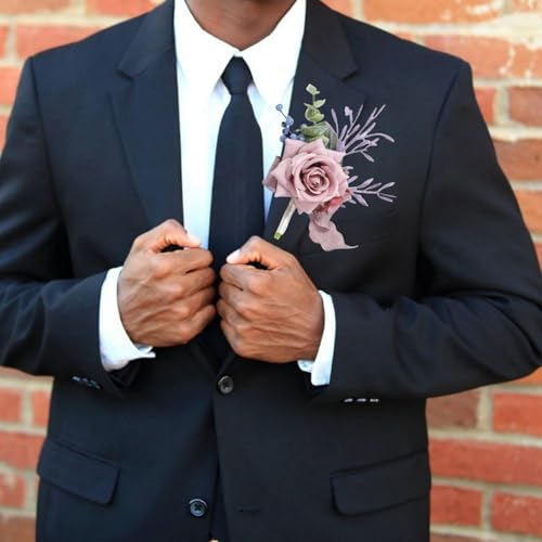 Dusty Pink Corsage and Boutonniere Set for Groom Bride Groomsmen Bridesmaids Wedding Party Prom Artificial Roses Flower Corsage Wristband Boutonniere for Men Wedding Bridal Shower Prom - color: Dusty Pink