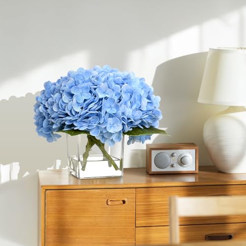 BLEUM CADE Luxury PU Fake Flowers in Vase with Faux Water, Blue Real Touch Hydrangea Artificial Flowers with Glass Vase for Office Home Dining Room Centerpiece Table Decorations - color: Hydrangea-blue