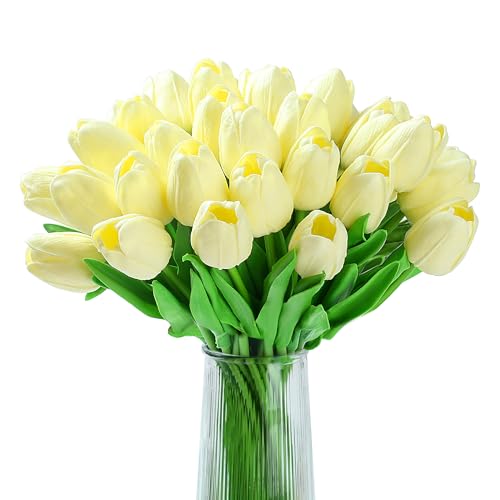 20pcs White Tulips Artificial Flowers Fake Silk Tulips Real Touch Flowers for Spring Kitchen Wedding Home Decor Arrangements Easter Decor 14 Inch - color: Off White