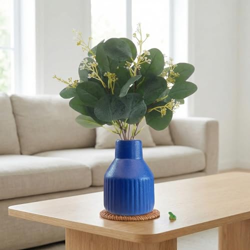 Artificial Eucalyptus Greenery Stems in Ceramic Vase 10Pcs Fake Plants Eucalyptus Leaves for Centerpiece Table Decorations Home Room Decor Office Desk Decor Greenery Decor Indoor (Blue) - color: Blue