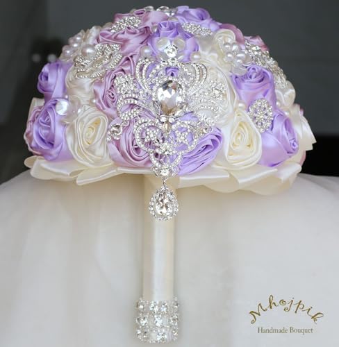 Bridal Wedding Bouquet Round Bling Brooch Bouquet Artificial Rose Flower Bunch for Bride Bridesmaid Wedding Quinceanera(Light Purple, Light Taro & Ivory, 9.8") - color: Light Purple, Light Taro Purple & Ivory, size: Large (Dia. 9.8"/25cm)