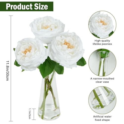 Zythrem Fake Flowers in Vase White Peonies with Vase Faux Peonies Flowers Look Real Faux Water Silk Flower Arrangements for Table Centerpiece Bathroom Office Kitchen Gift Decor - color: White